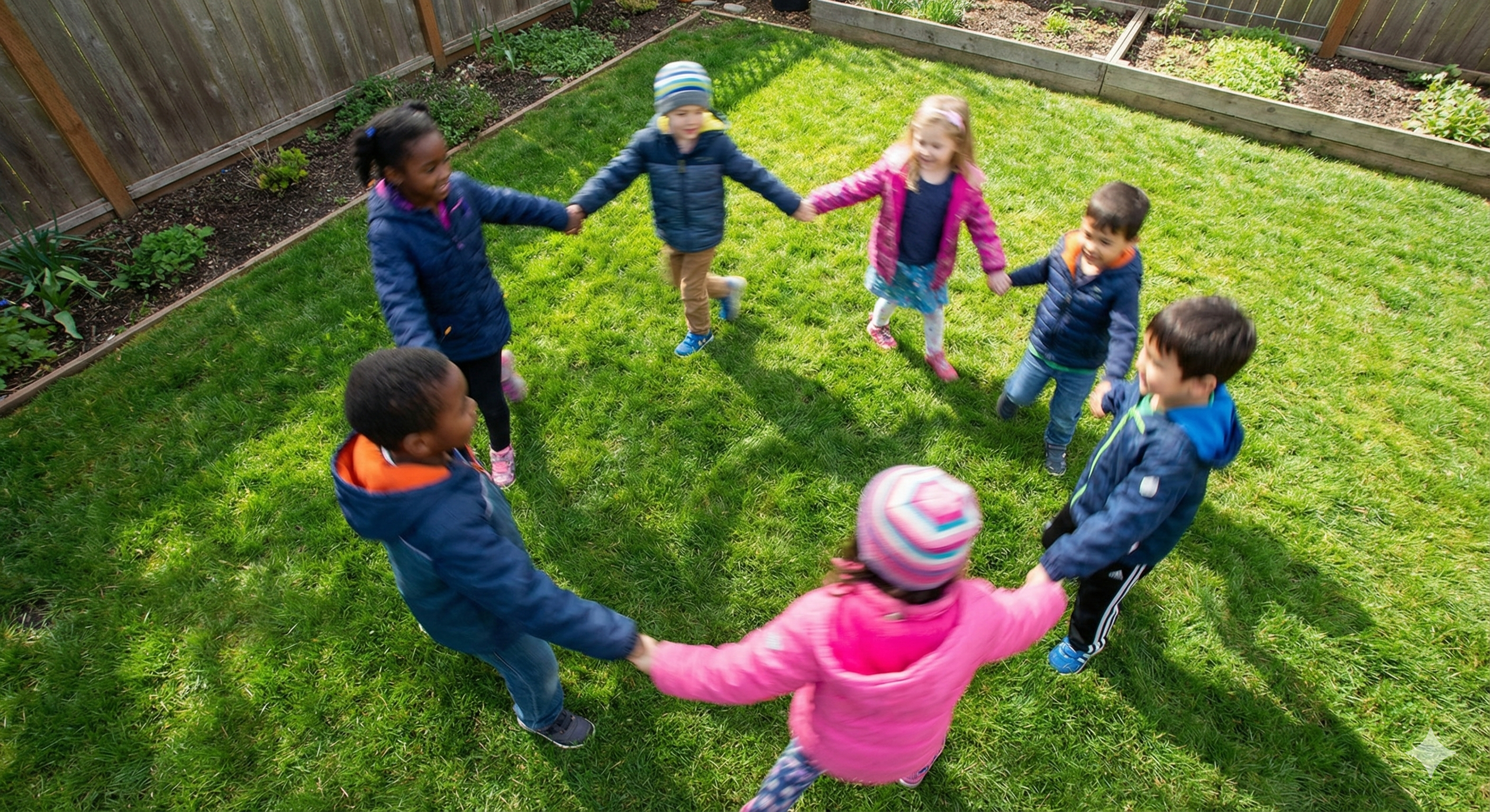 Children playing ring-around-the-rosie at The Backyard School outdoor preschool in Mesa, Arizona